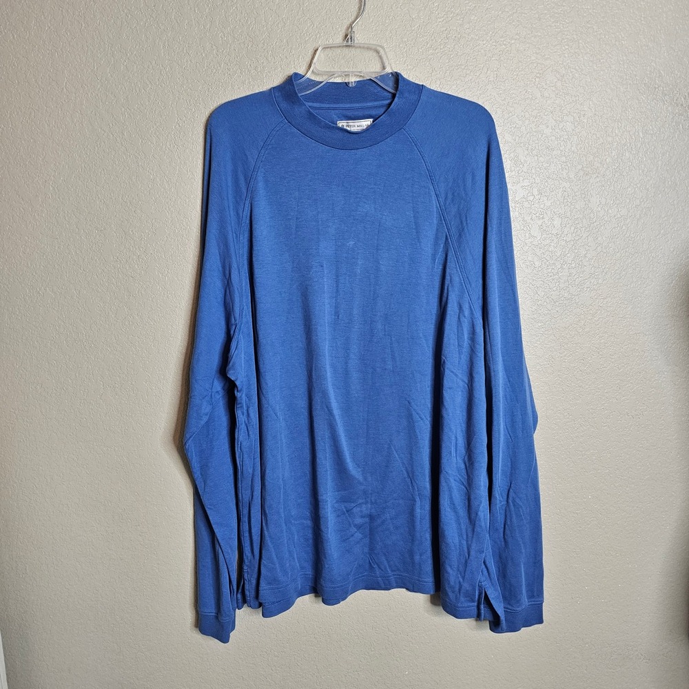 Peter Millar XXL Blue Long Sleeve Cotton T-Shirt Raglan mock Neck Mens Shirt